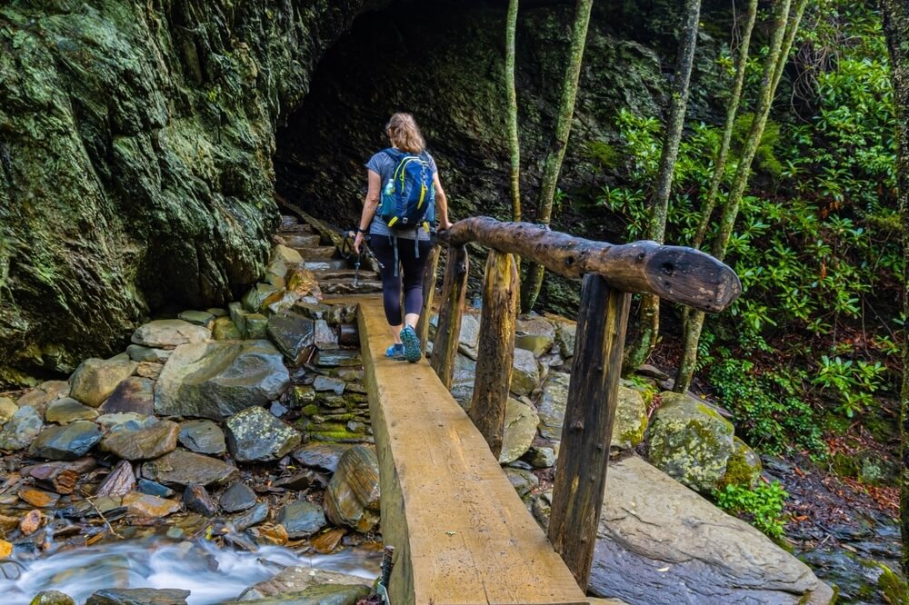 woman hiking in smoky mountains